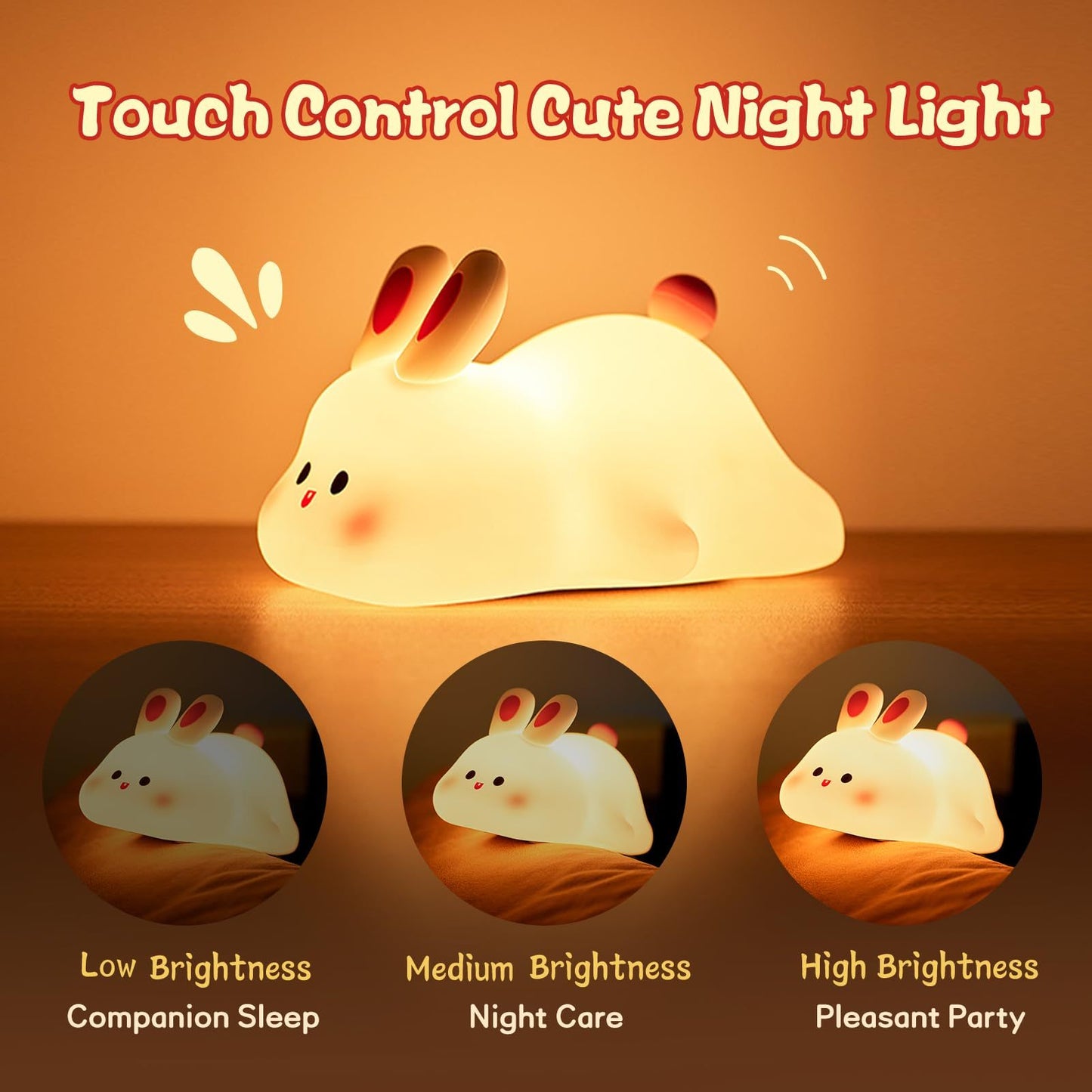 Lying Bunny LED Night Light – Touch Sensor Silicone Bedside Lamp for Kids