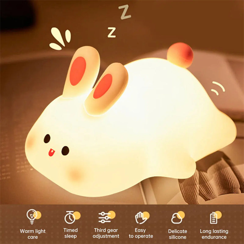 Lying Bunny LED Night Light – Touch Sensor Silicone Bedside Lamp for Kids